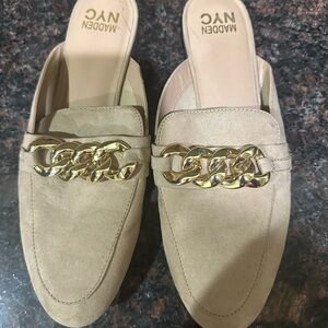 Madden NYC nude mules.